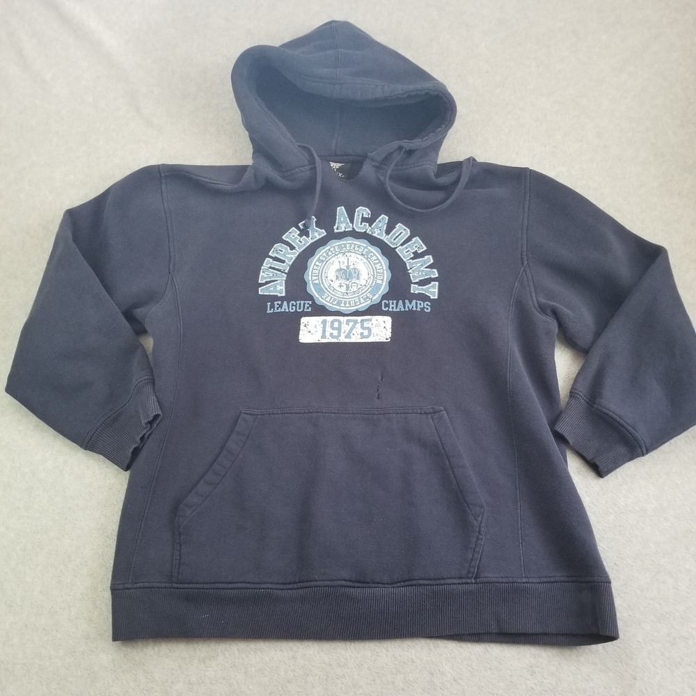 Avirex Hoodie Mens Large Navy Blue Graphic Spell Out Academy 1975 Y2K Fleece
